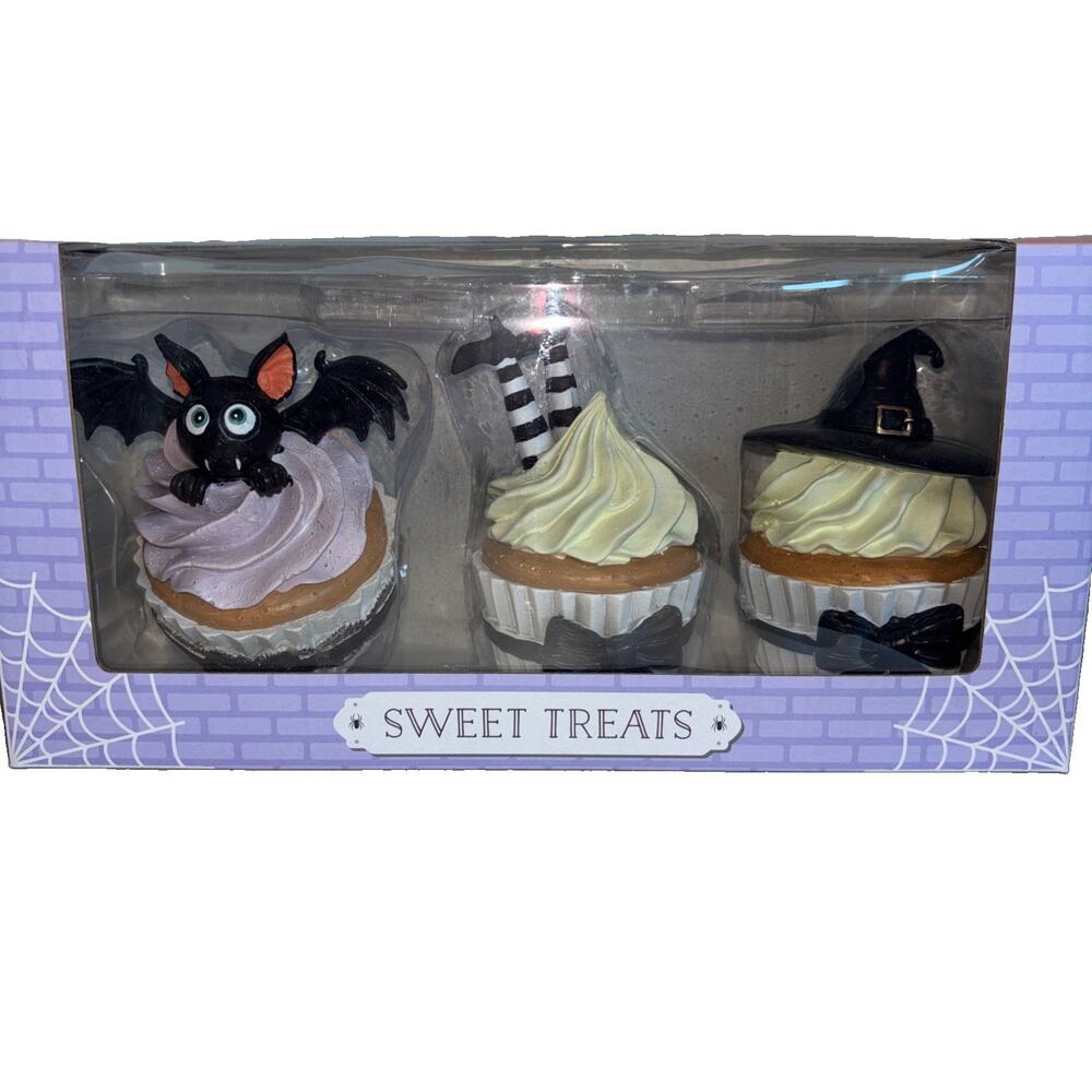 Sweet Treats Halloween Cupcake Figurines Set 3 Bat Witch Legs Spooky Decor NEW